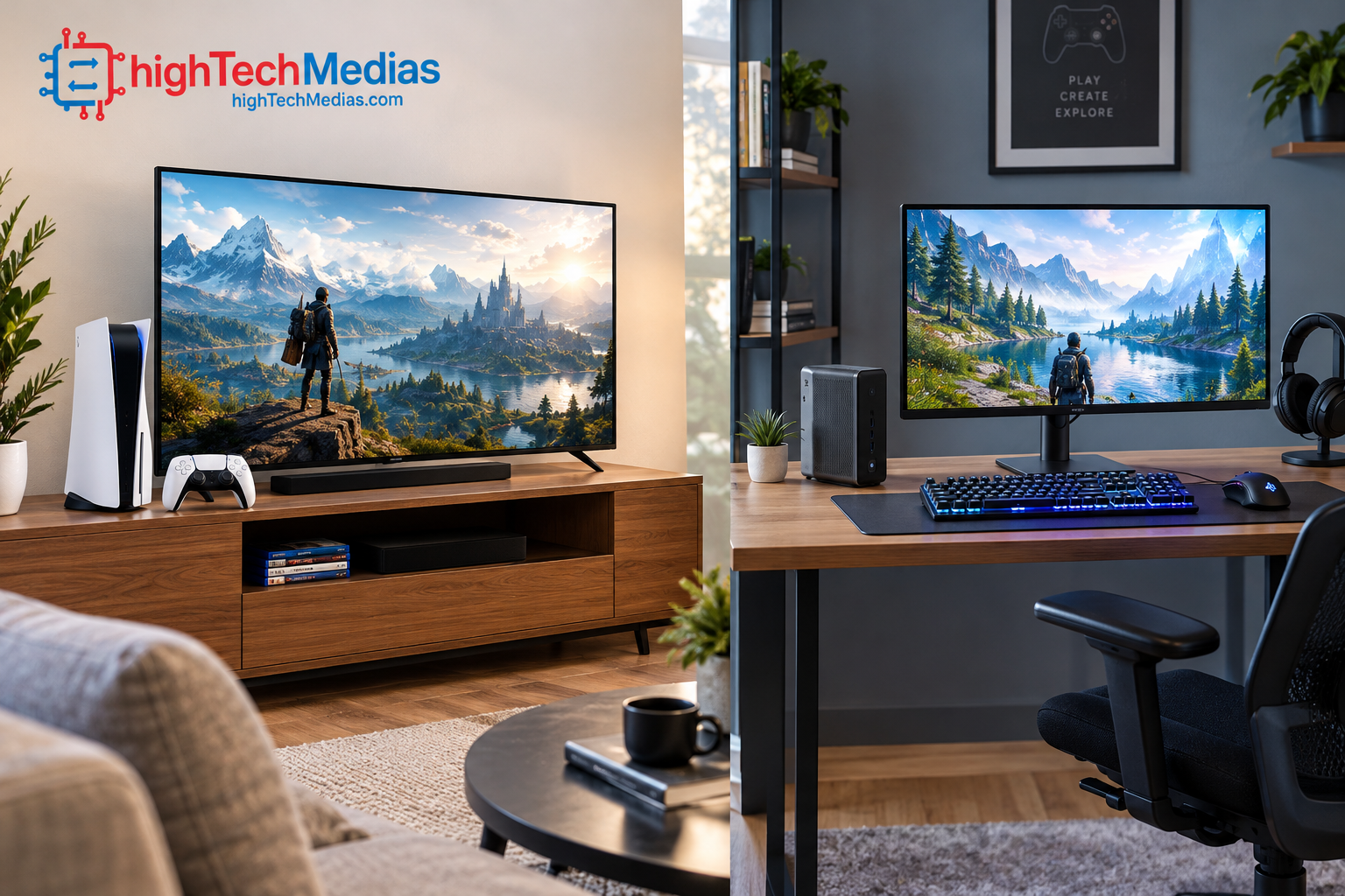 Gaming console compared with a desktop monitor and compact mini PC setup
