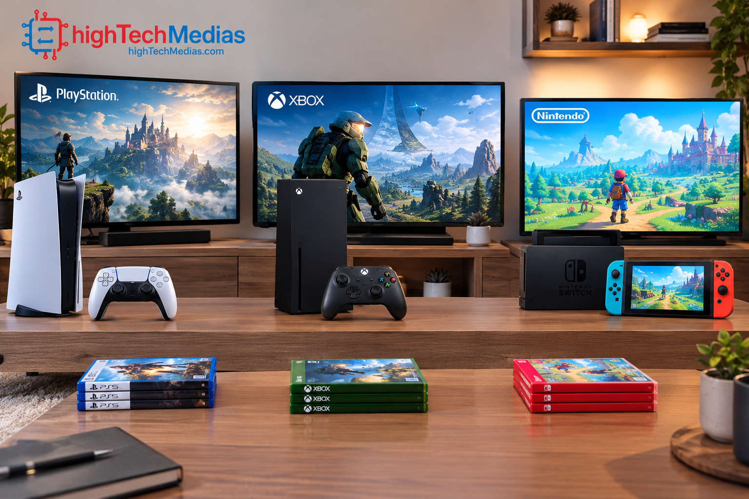 PlayStation, Xbox, and Nintendo gaming systems representing different game libraries