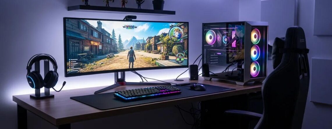 Ultimate gaming setup guide featuring a gaming PC, monitor, RGB keyboard, gaming mouse, headset, and ergonomic chair