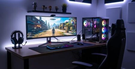 Ultimate gaming setup guide featuring a gaming PC, monitor, RGB keyboard, gaming mouse, headset, and ergonomic chair