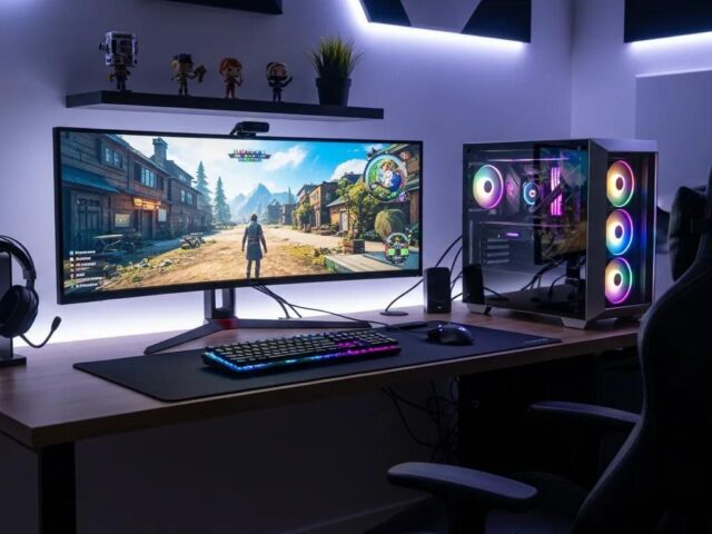 Ultimate gaming setup guide featuring a gaming PC, monitor, RGB keyboard, gaming mouse, headset, and ergonomic chair