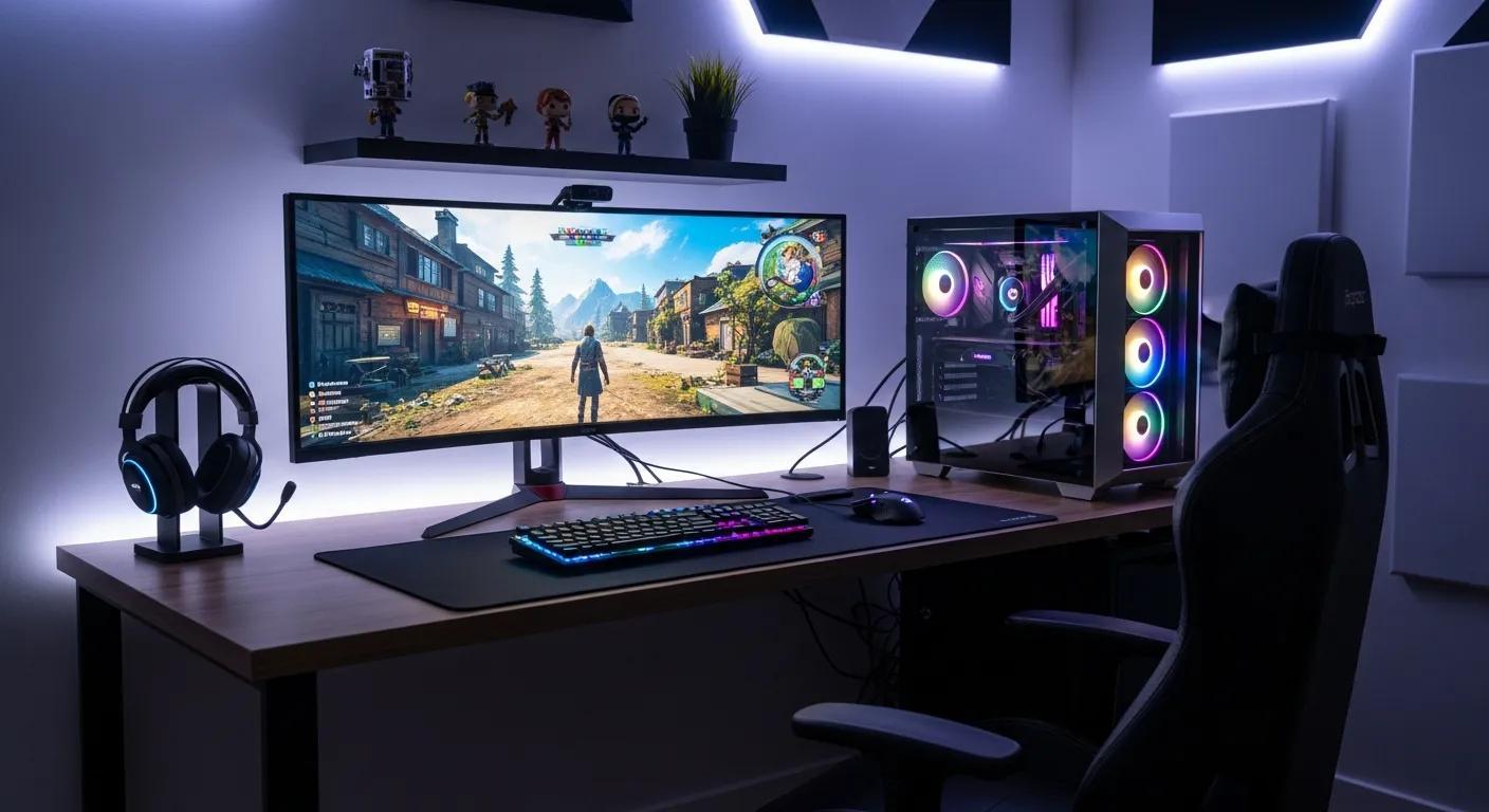Ultimate gaming setup guide featuring a gaming PC, monitor, RGB keyboard, gaming mouse, headset, and ergonomic chair