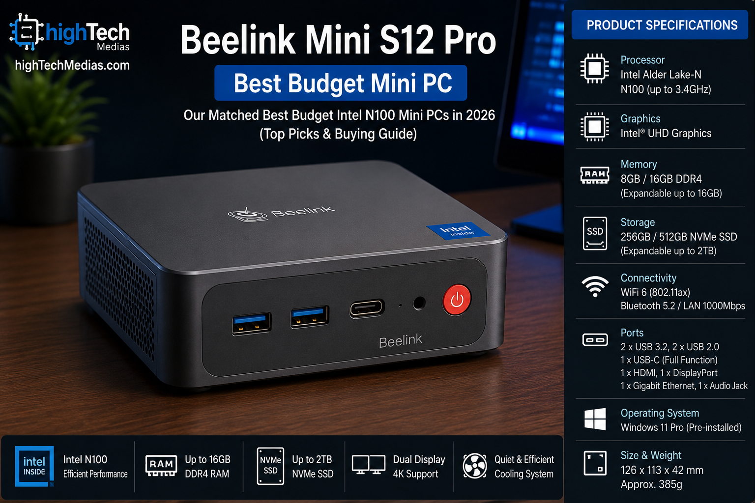Comparison of the best budget Intel N100 mini PCs in 2026 with specifications, performance highlights, and buying recommendations.