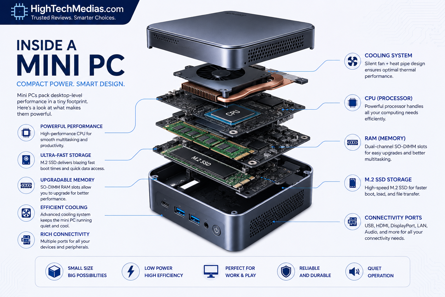 Exploded diagram of a mini PC showing the processor, RAM, SSD, cooling system, motherboard, and internal hardware components.