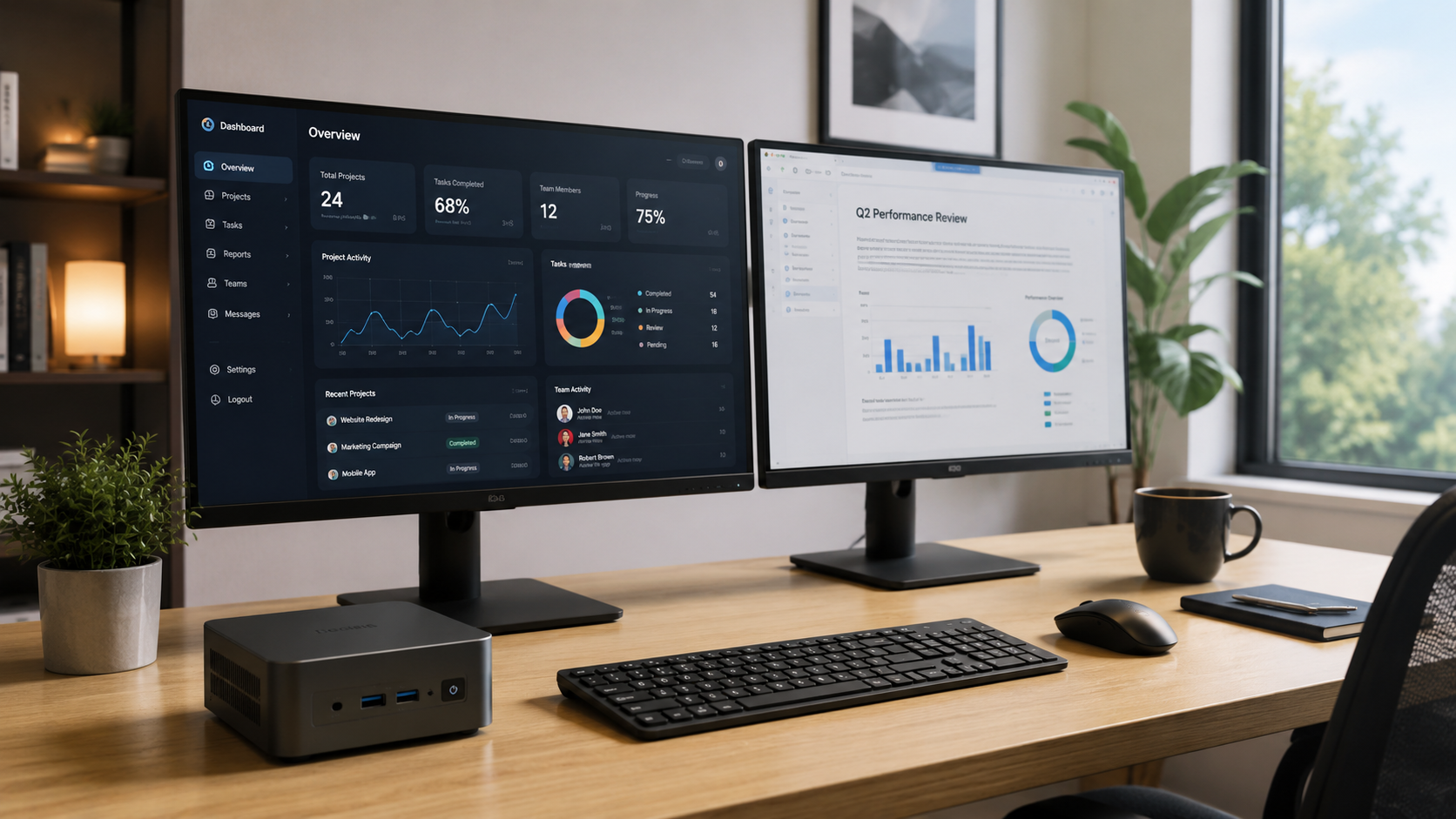 Modern home office setup featuring a budget mini PC connected to dual monitors for productivity, remote work, and everyday computing.