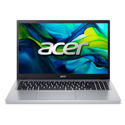 acer-aspire-go-15-open-view.jpeg Acer Aspire Go 15 laptop opened on a desk, showcasing its 15.3-inch WUXGA display, full keyboard, and numeric keypad.