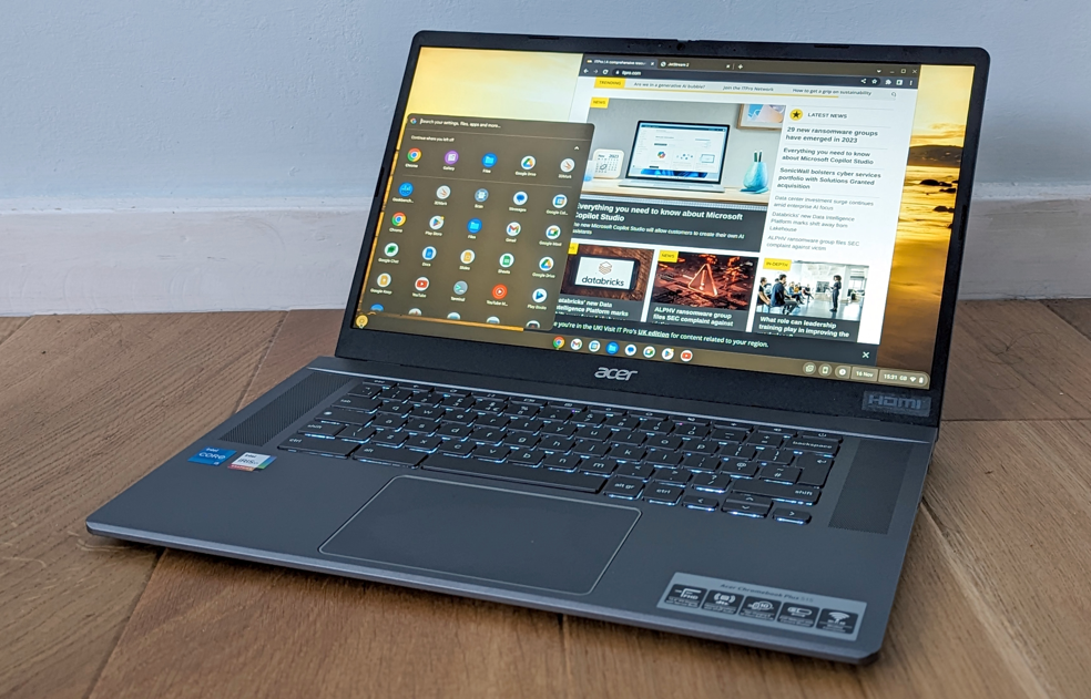 acer-chromebook-plus-515-review-2026 Acer Chromebook Plus 515 laptop featuring a 15.6-inch Full HD display, open to reveal its keyboard and sleek design.