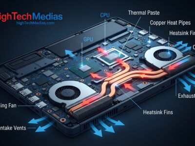 Diagram showing how a laptop cooling system moves heat from the CPU and GPU through heat pipes and fans