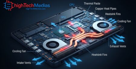 Diagram showing how a laptop cooling system moves heat from the CPU and GPU through heat pipes and fans