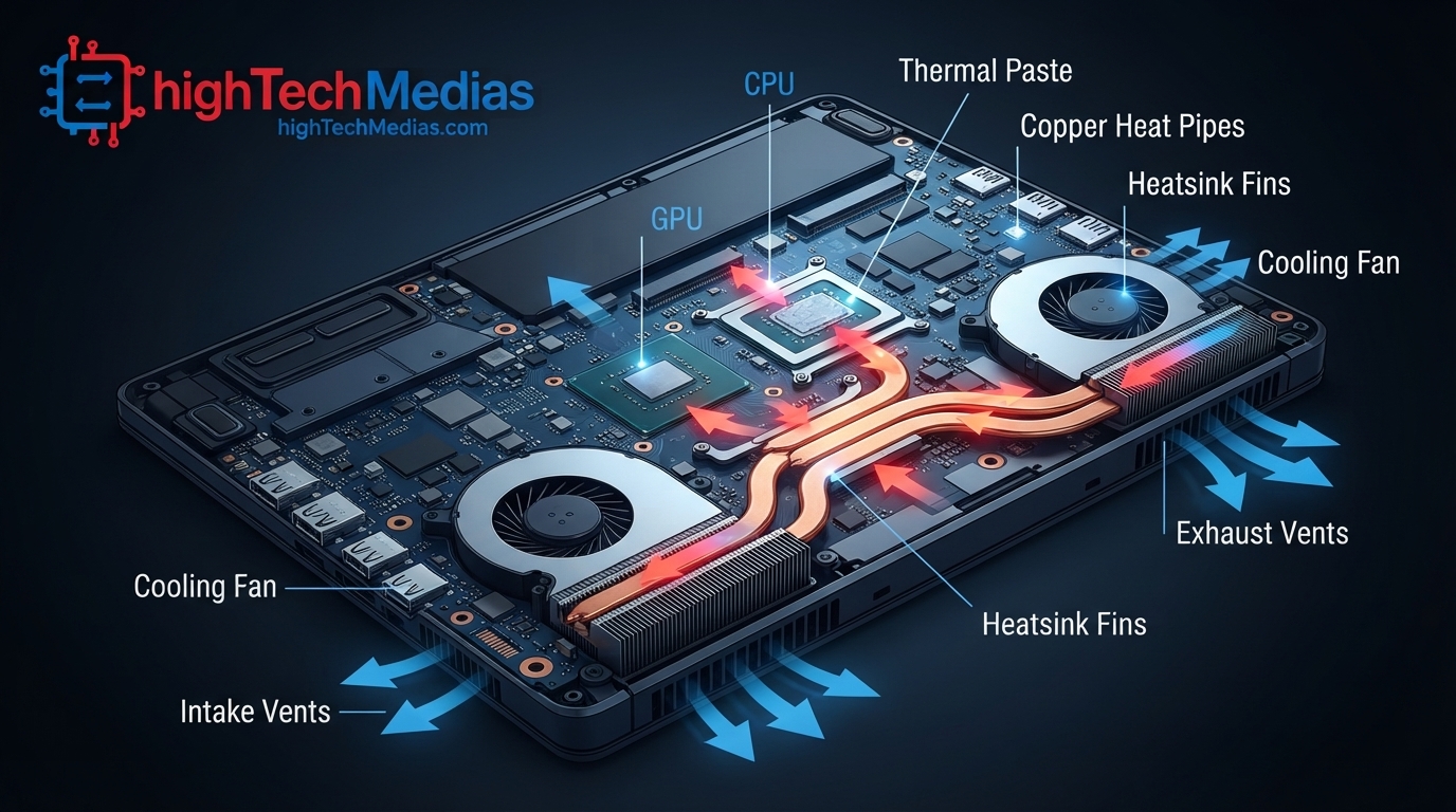 Diagram showing how a laptop cooling system moves heat from the CPU and GPU through heat pipes and fans