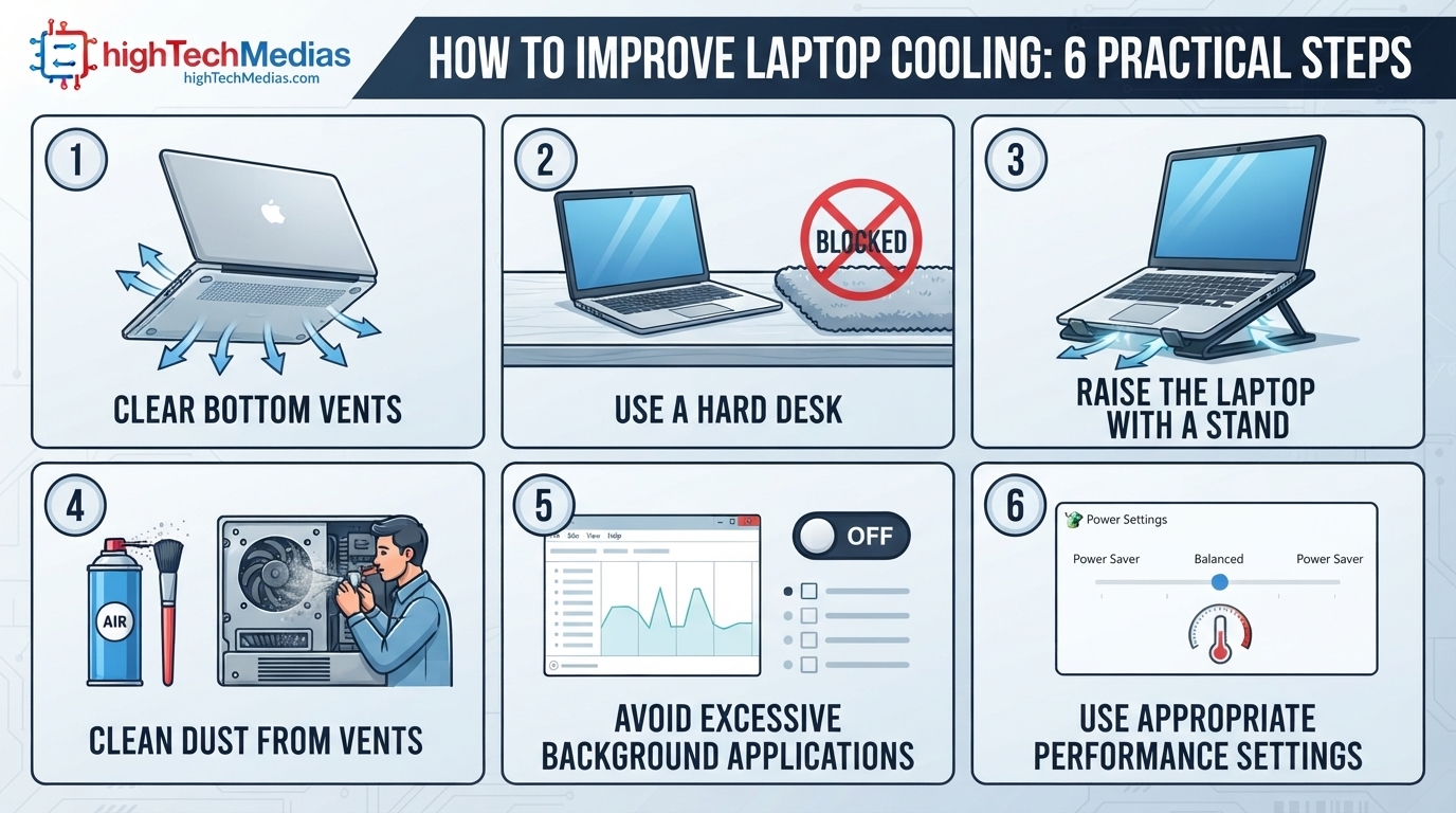 Ways to improve laptop cooling including cleaning vents and using a laptop stand
