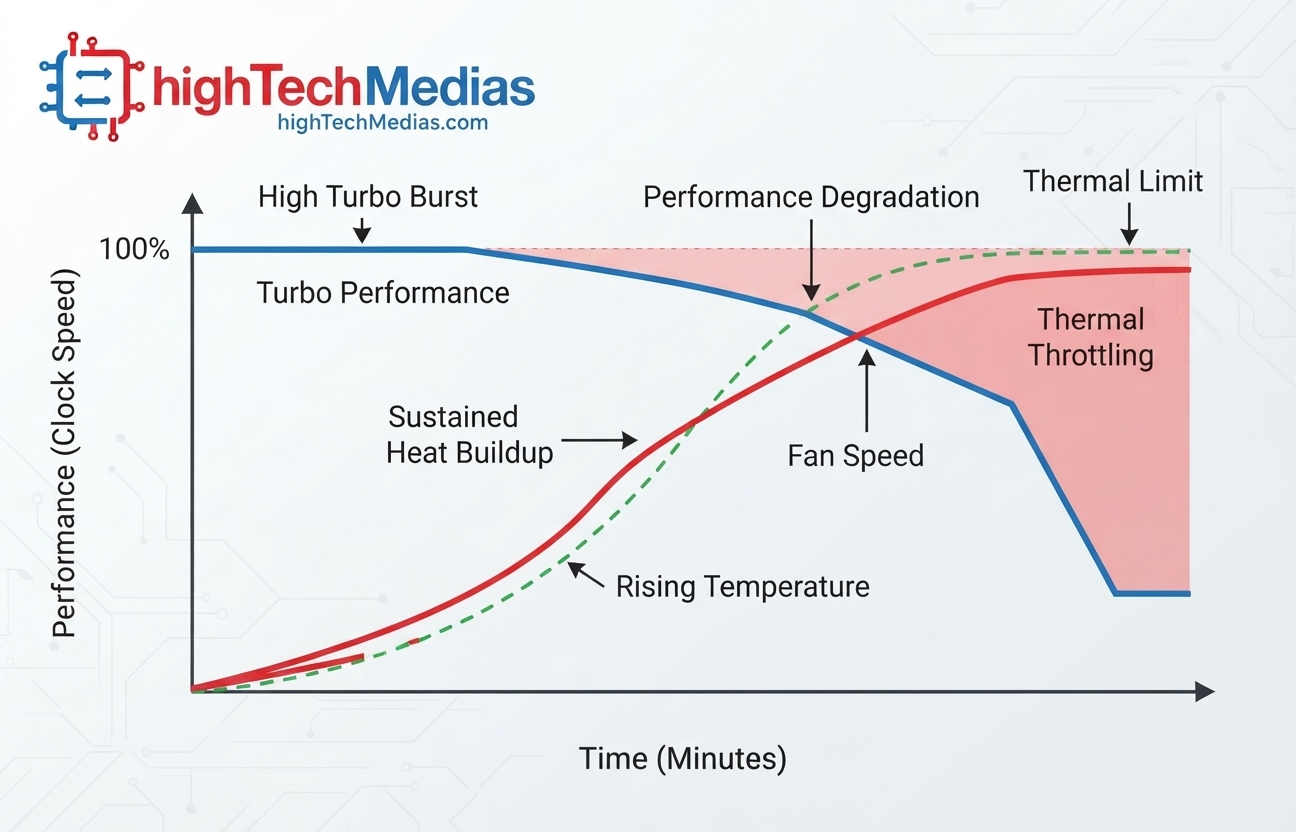 Laptop thermal throttling chart showing performance decreasing as temperatures rise