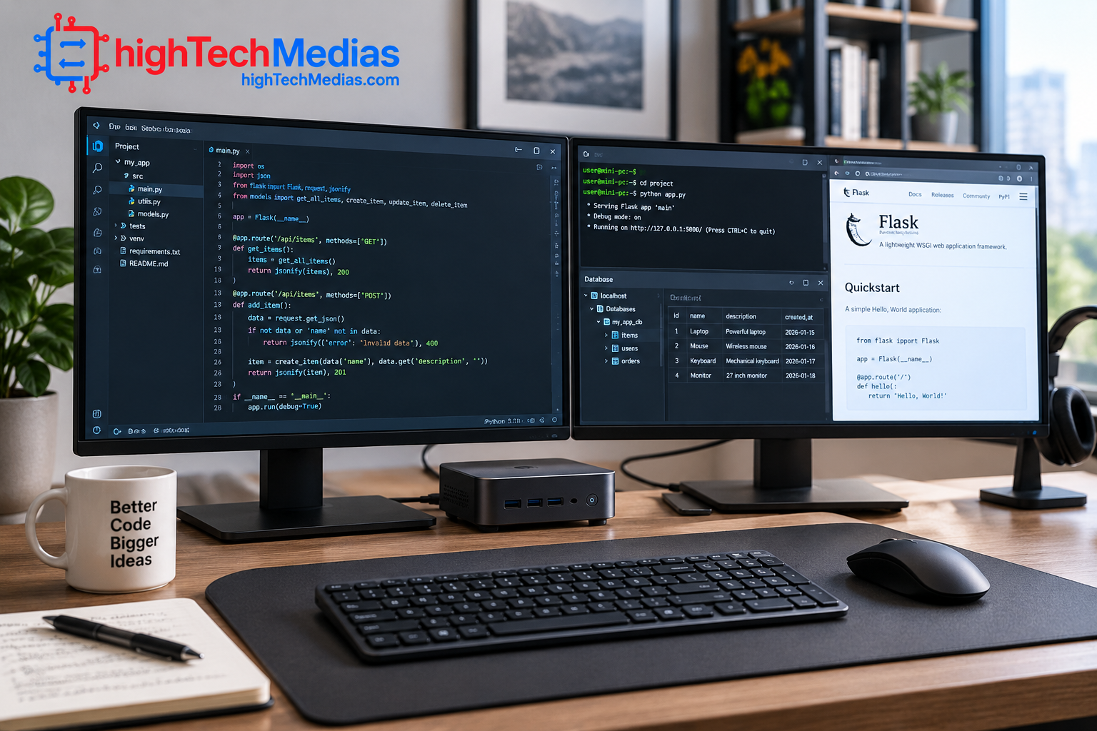 compact developer workstation with multiple monitors and mini PC