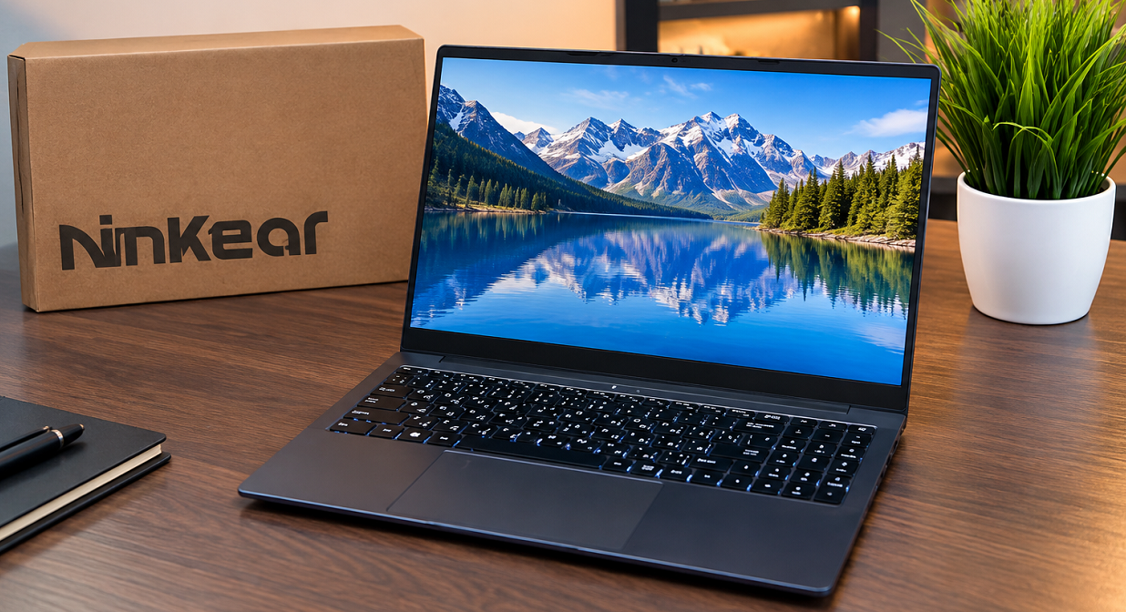 Ninkear Aplus Unboxing laptop on a professional wood desk with mountain lake display, Ninkear box