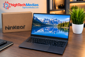 Ninkear laptop on a professional wood desk with mountain lake display, Ninkear box, and potted plant