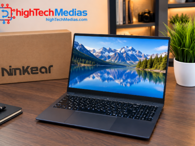 Ninkear laptop on a professional wood desk with mountain lake display, Ninkear box, and potted plant