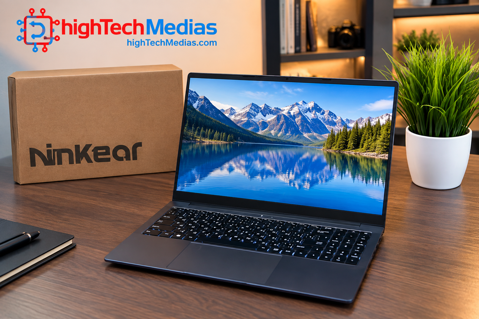 Ninkear laptop on a professional wood desk with mountain lake display, Ninkear box, and potted plant