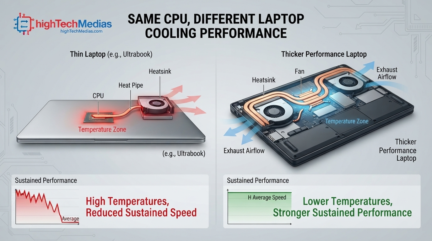 Two laptops with the same CPU showing different cooling performance and sustained speed