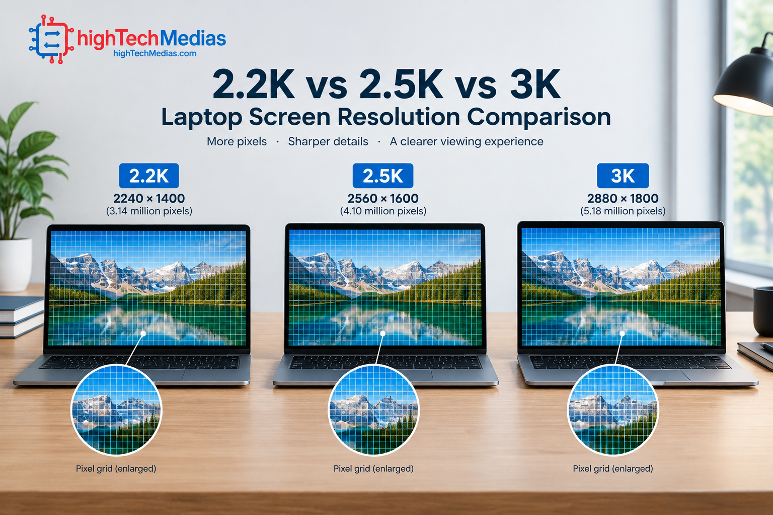 Comparison of representative 2.2K, 2.5K, and 3K laptop screen resolutions