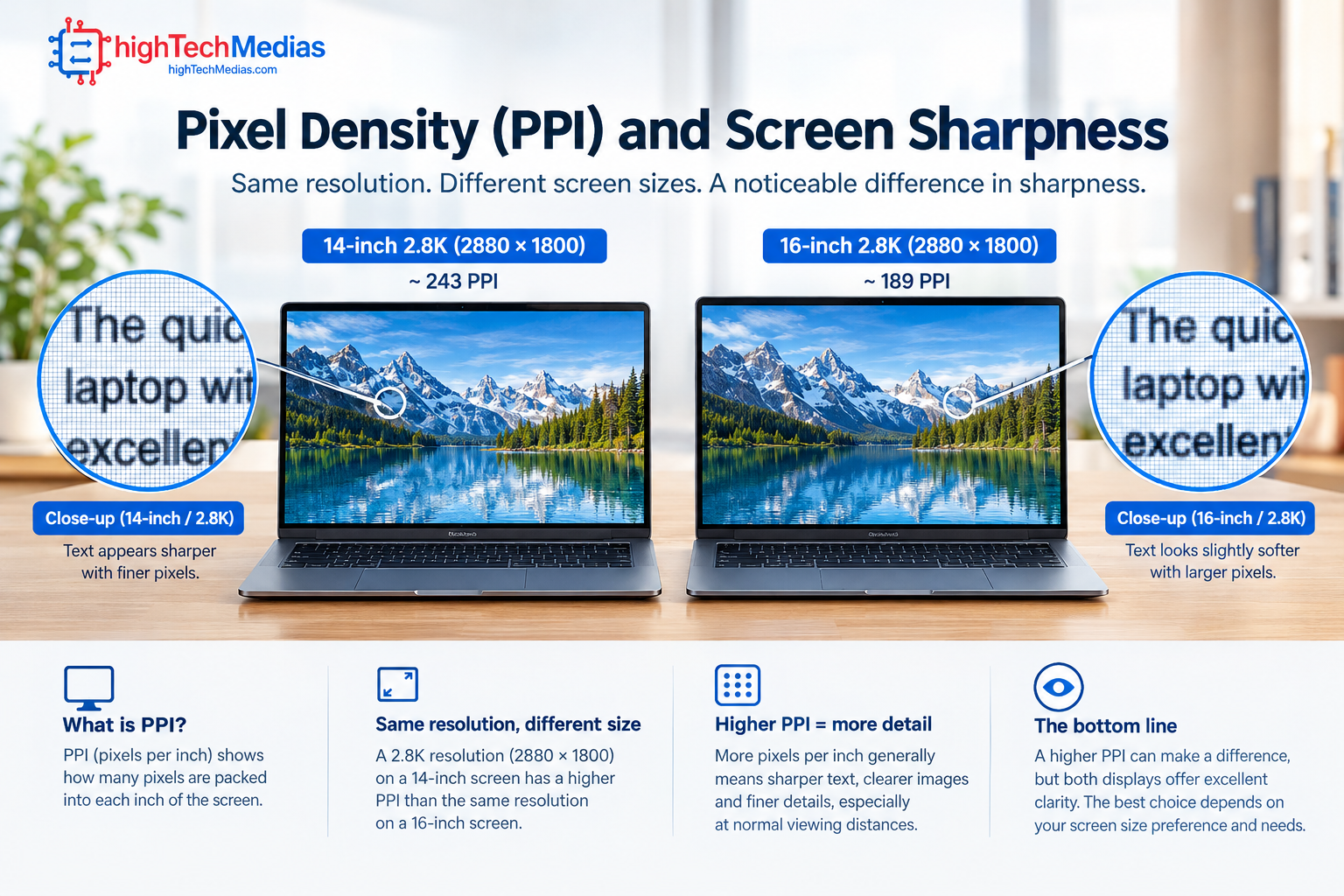 Laptop pixel density comparison showing how screen size and resolution affect sharpness