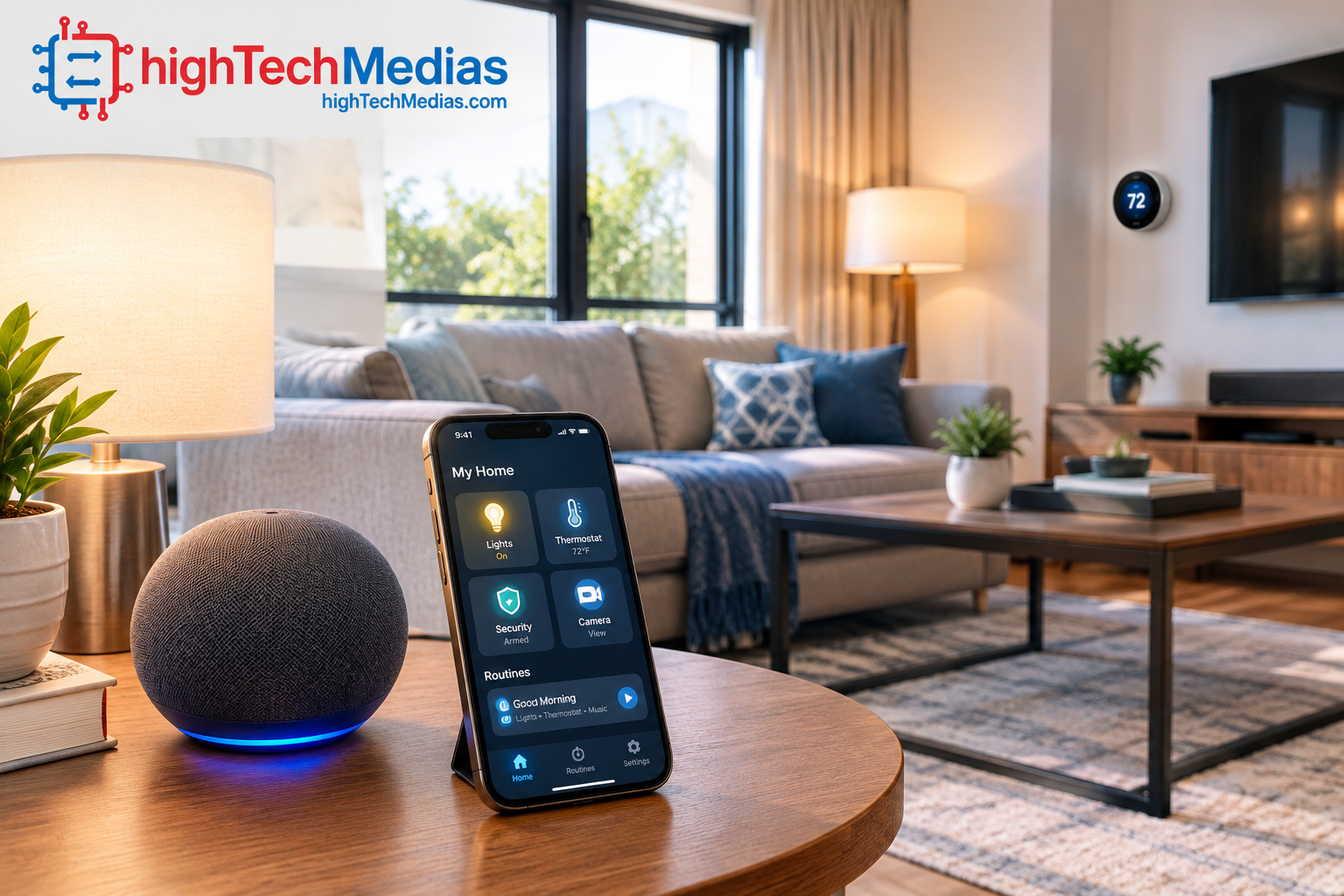 ai-voice-assistant-smart-home-control-2026.png Smart home voice assistant controlling connected lights and household routines