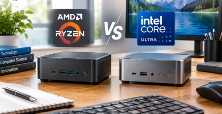 AMD vs Intel Mini PCs comparison showing AMD Ryzen and Intel Core Ultra mini PCs