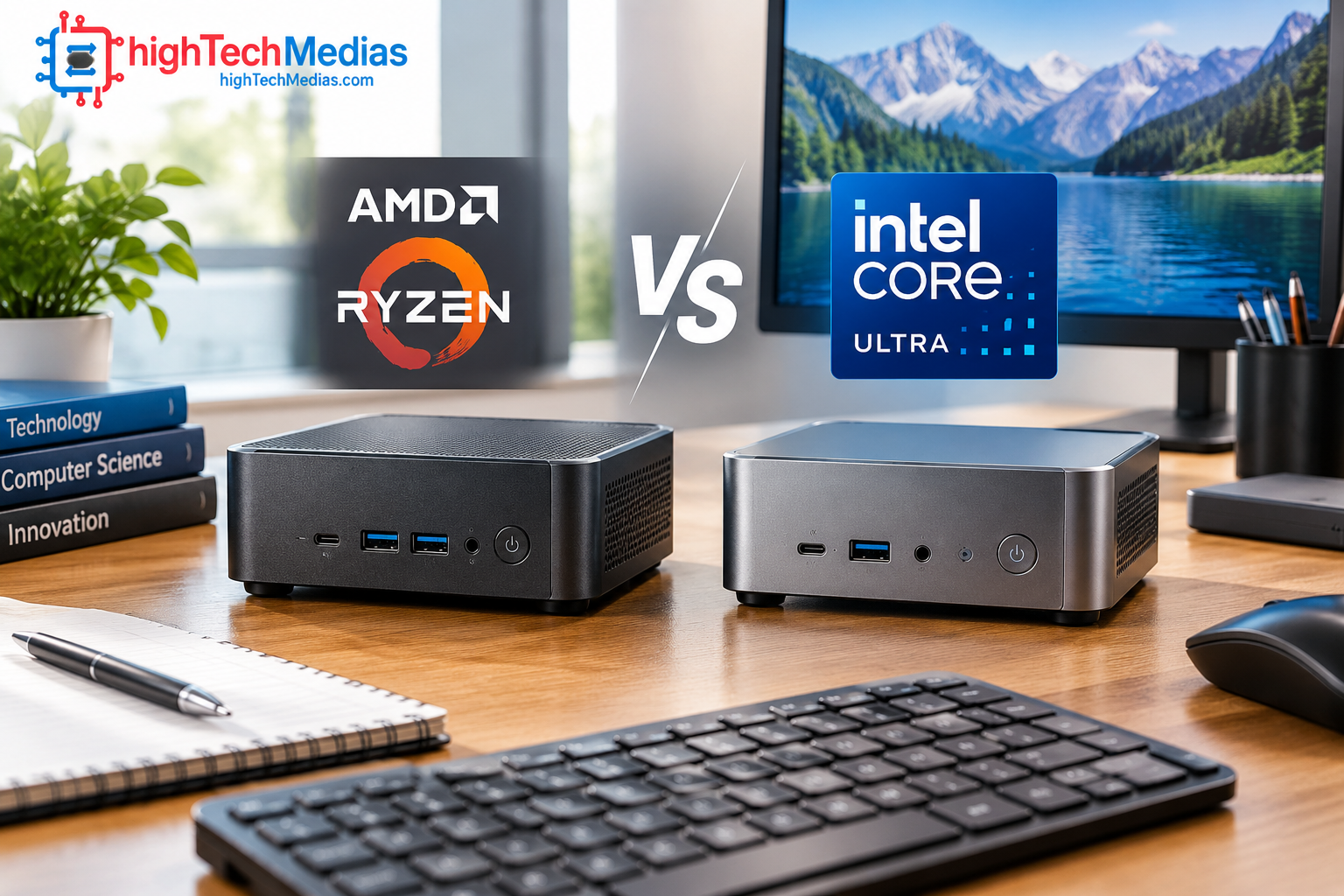 AMD vs Intel Mini PCs comparison showing AMD Ryzen and Intel Core Ultra mini PCs