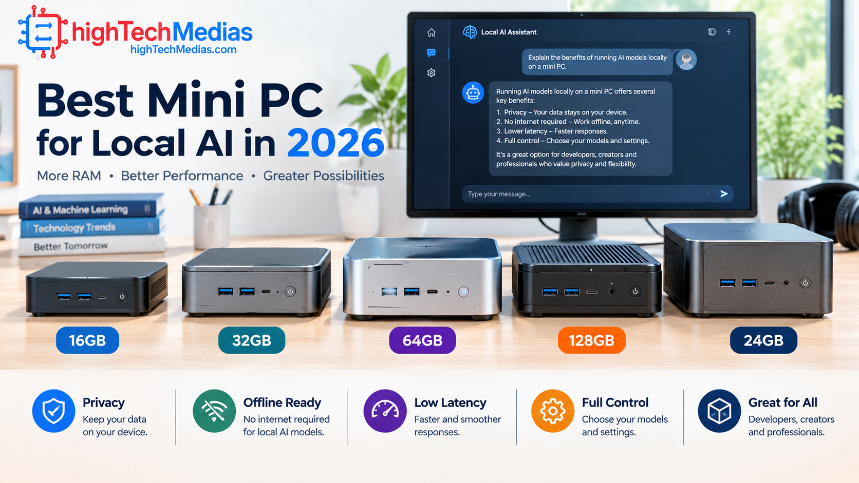 best-mini-pc-for-local-ai-lineup.jpg Five compact mini PCs lined up on a studio desk, representing the best mini PC for local AI in 2026