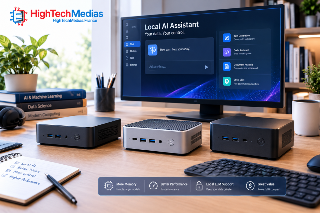 Best mini PCs for running AI locally in 2026, featuring compact AI computers in a modern home office.
