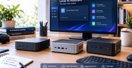 Best mini PCs for running AI locally in 2026, featuring compact AI computers in a modern home office.