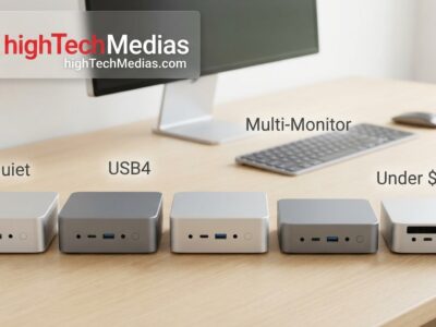 Five compact mini PCs in a row on a clean home-office desk with a monitor and keyboard