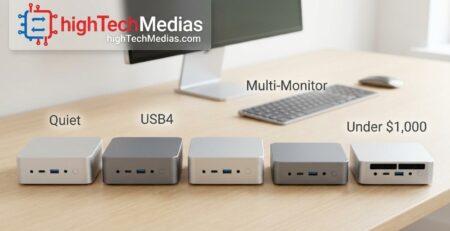 Five compact mini PCs in a row on a clean home-office desk with a monitor and keyboard