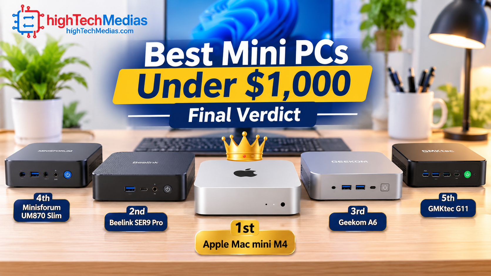 best-mini-pcs-under-1000-final-verdict-lineup.png Five mini PCs arranged on a clean desk as the final lineup of the best mini PCs under $1,000