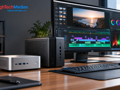 Compact mini PCs connected to a professional video editing workstation with a color grading monitor.
