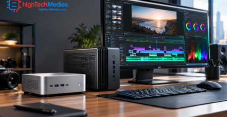 Compact mini PCs connected to a professional video editing workstation with a color grading monitor.
