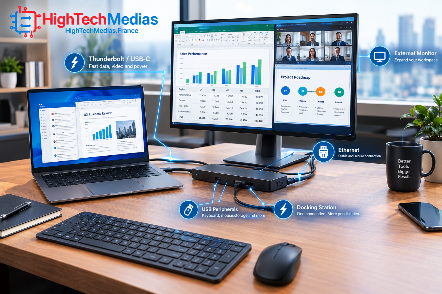 business-laptop-ports-thunderbolt-docking-station-2026.png Business laptop connected to monitor and docking station through Thunderbolt and USB-C