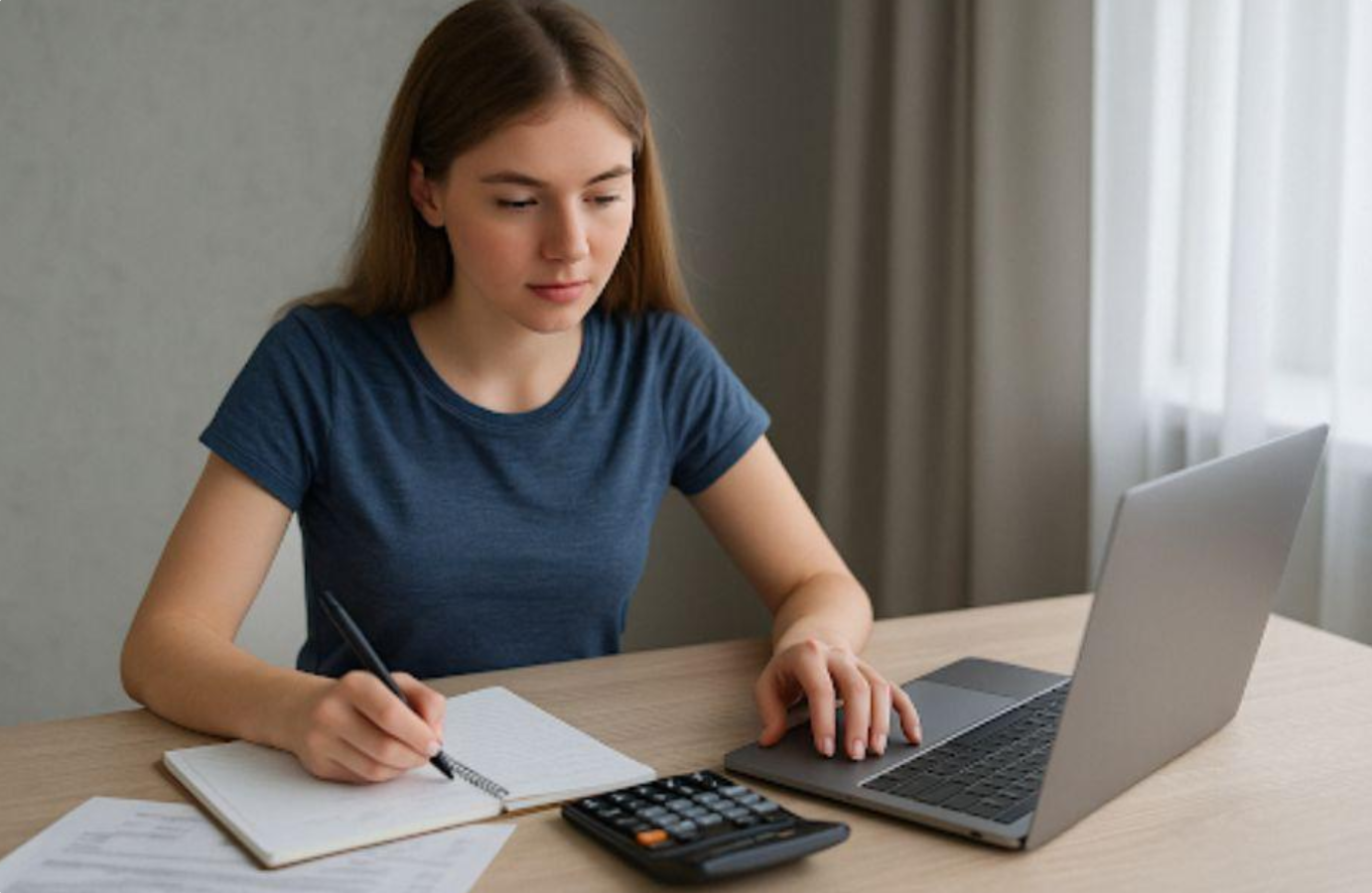 College student comparing laptop costs and accessories at a study desk