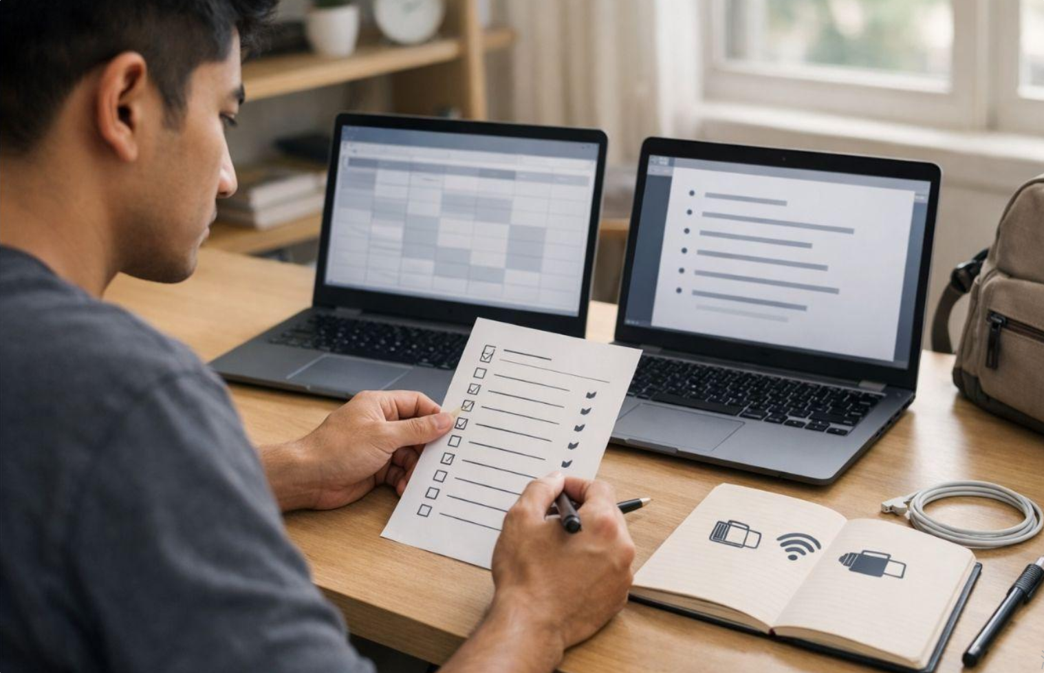 College student reviewing laptop specifications and storage options at a study desk