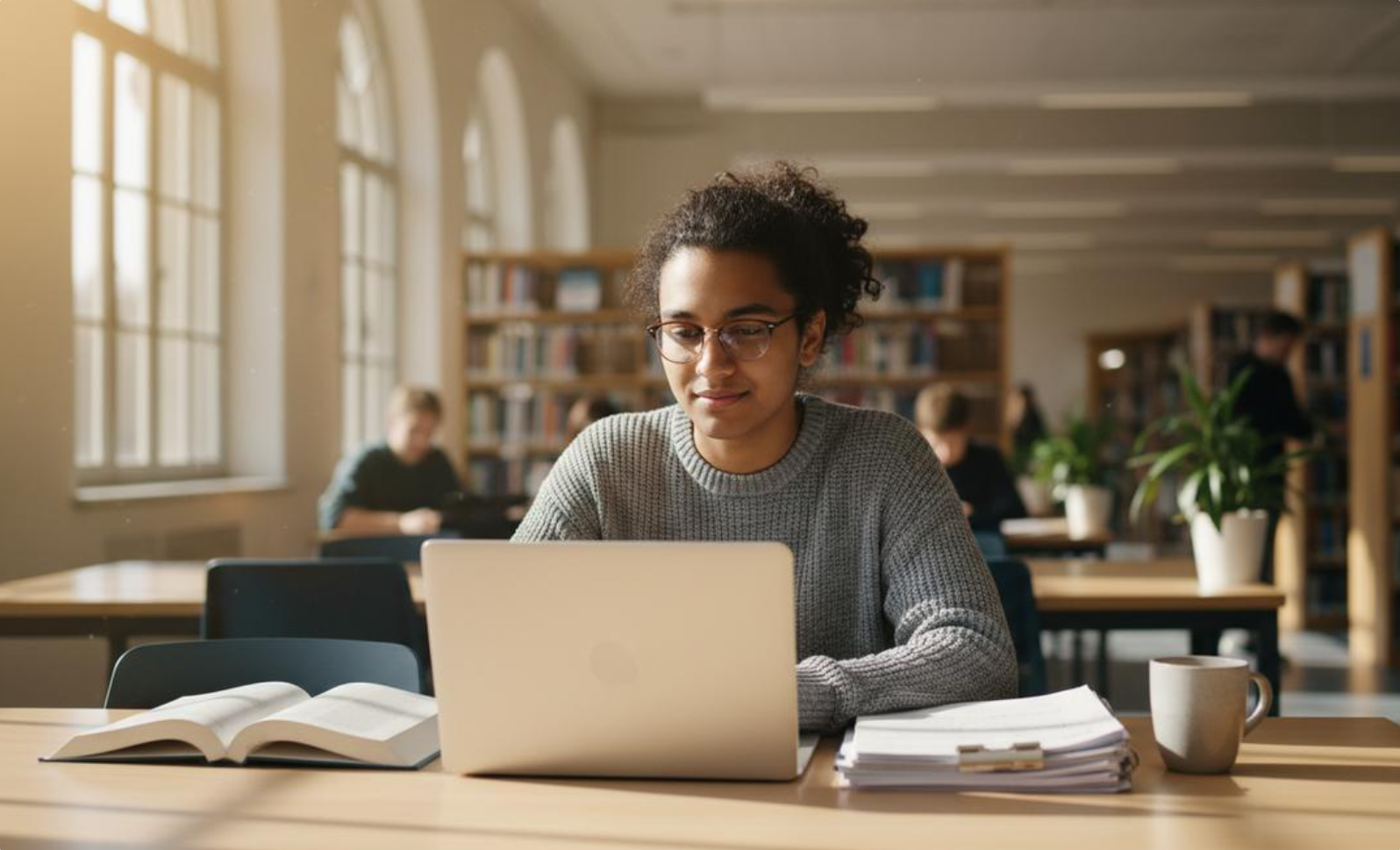College student using a laptop for research and coursework in a bright university library