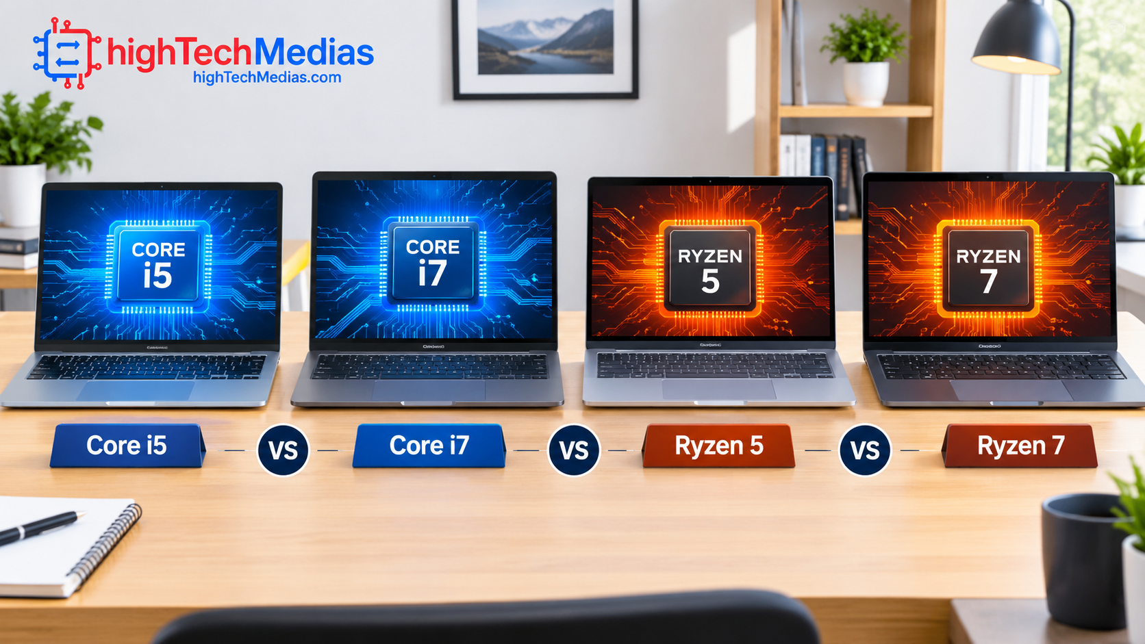 Four laptops side by side on a home-office desk labeled Core i5, Core i7, Ryzen 5 and Ryzen 7 for a laptop CPU comparison