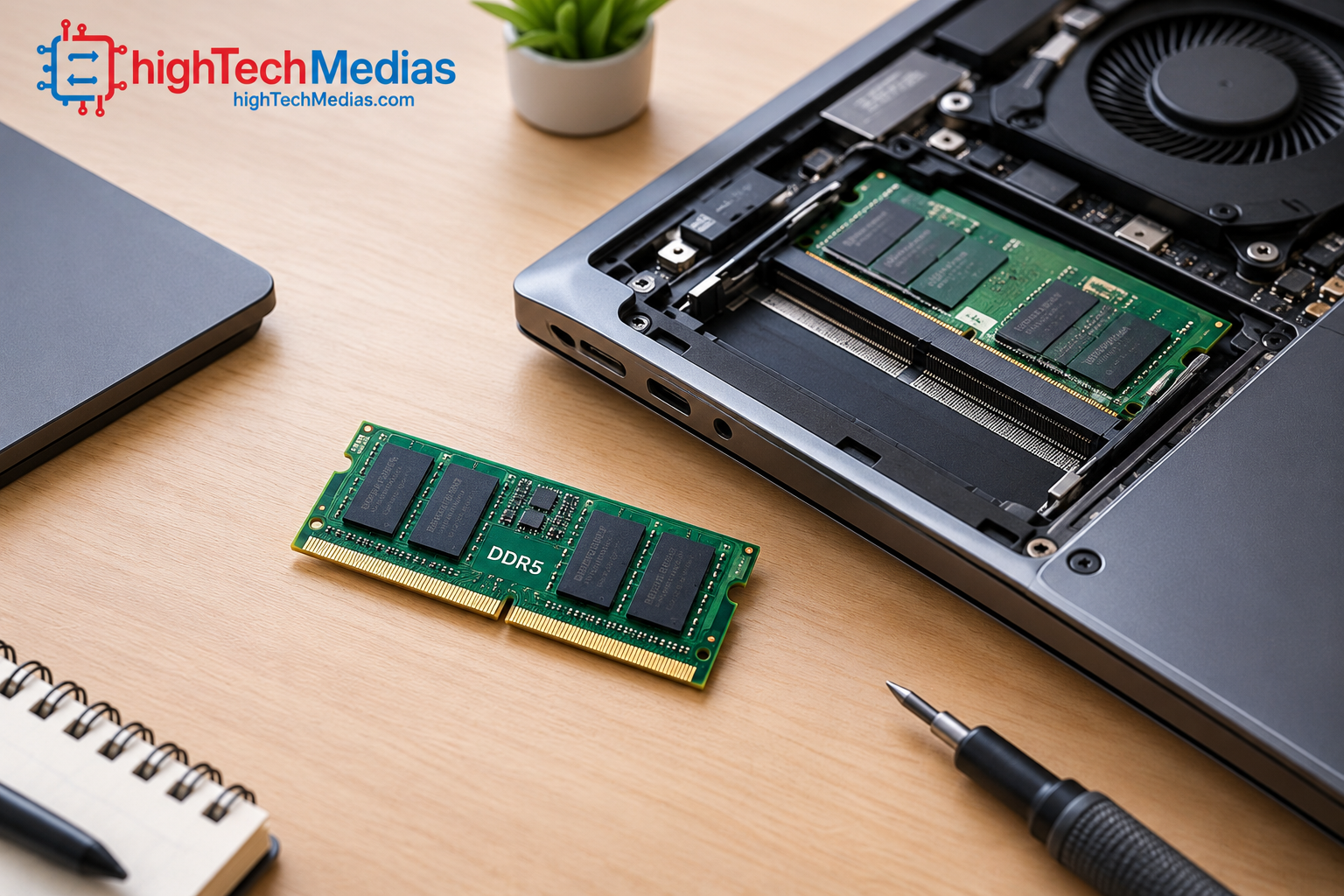 Removable DDR5 SO-DIMM laptop RAM module beside an open laptop