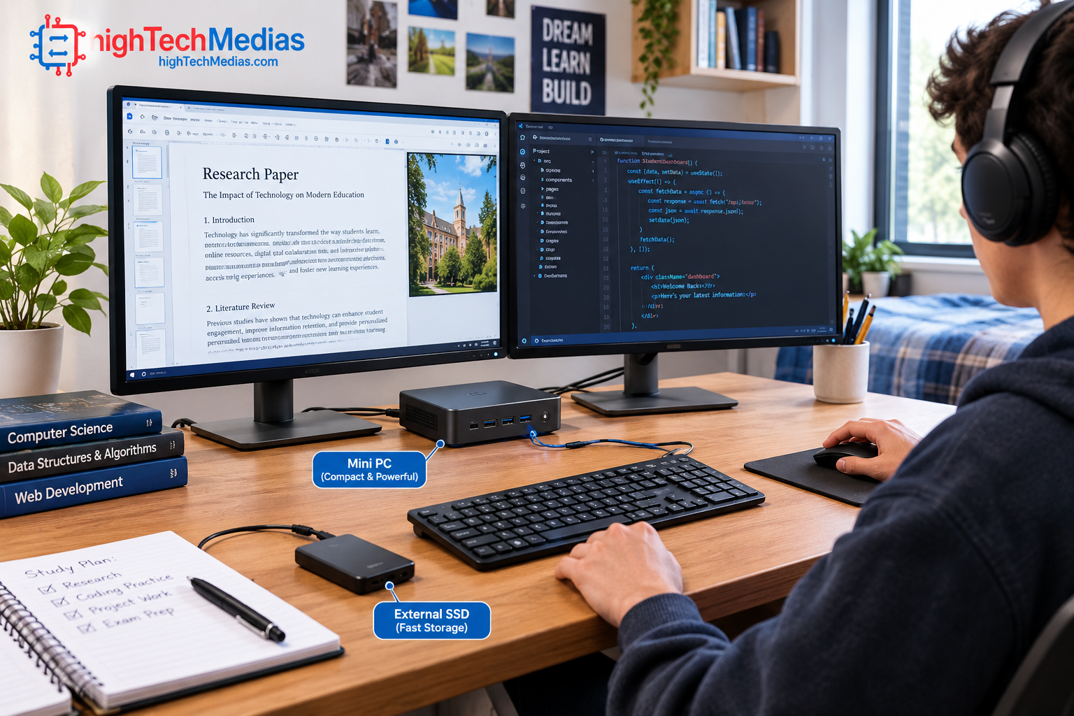 student using a mini PC with dual monitor study workstation
