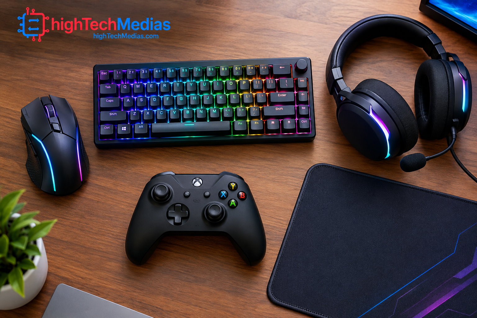 PC gaming accessories arranged on a desk to compare mouse, keyboard, headset, controller, and mousepad.