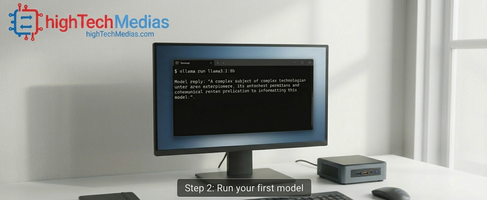 install-ollama-terminal-mini-pc.jpg Terminal window showing the commands to install Ollama and run a local AI model on a mini PC