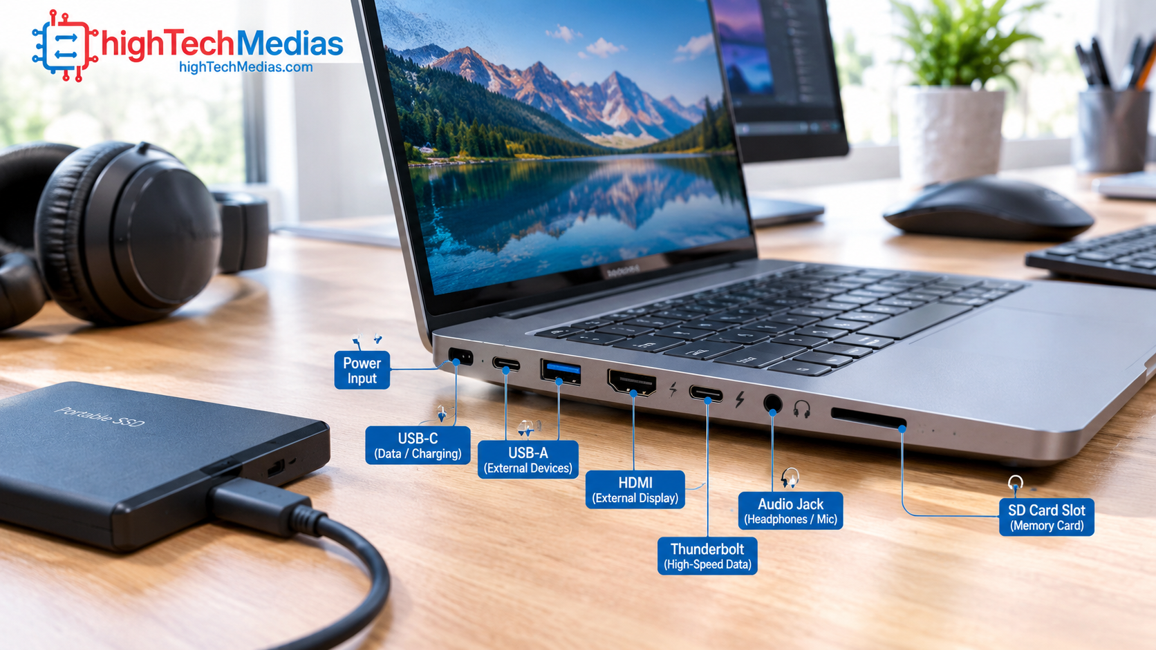 Laptop ports explained showing USB-C USB-A HDMI Thunderbolt and other common connections