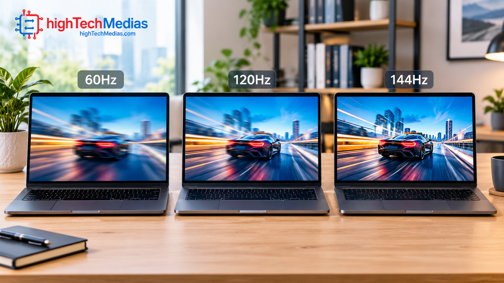 Laptop refresh rate comparison showing 60Hz, 120Hz and 144Hz laptops side by side on a clean home-office desk