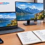 Laptop buyer comparing display resolution and budget in a home office