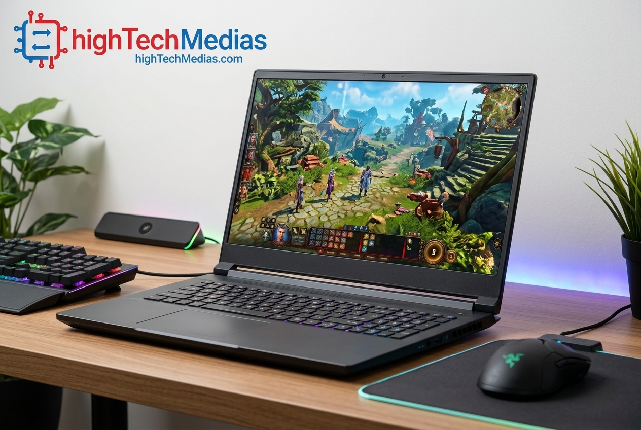 Gaming laptop displaying detailed graphics while illustrating resolution and GPU workload