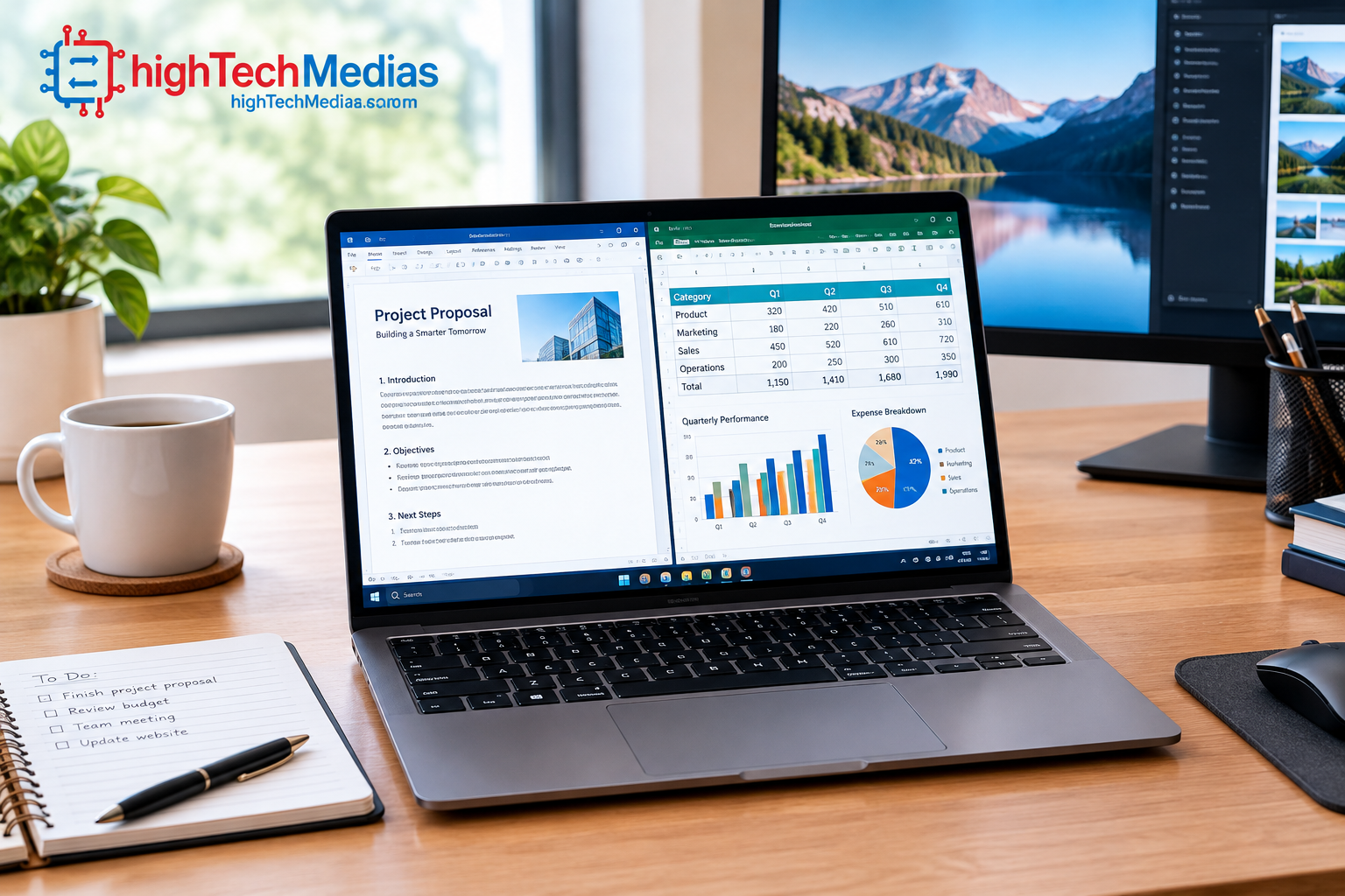 High-resolution laptop display used for documents, spreadsheets, and multitasking