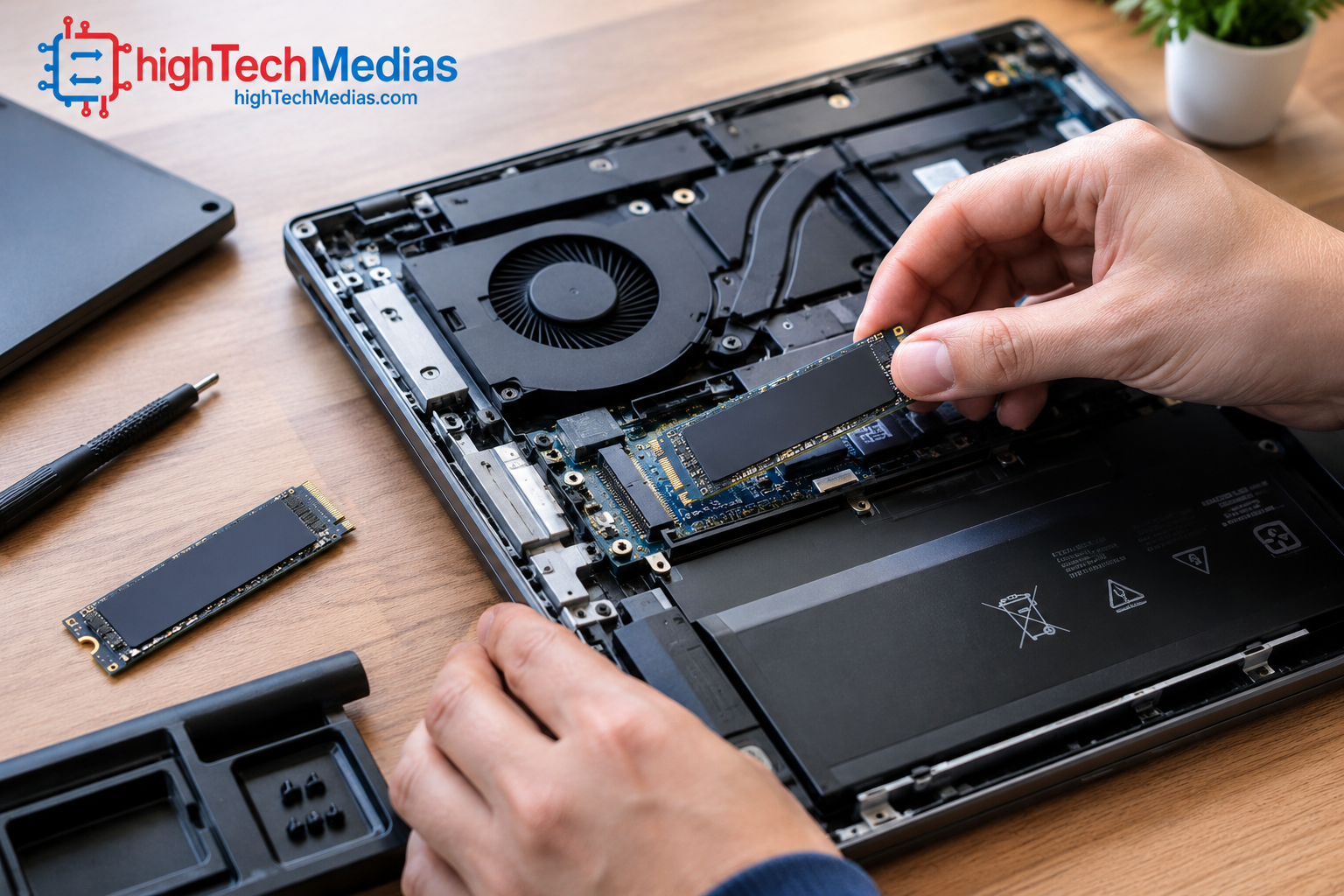Installing an M.2 NVMe SSD inside a compatible laptop during a storage upgrade